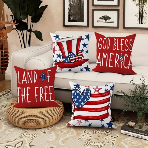 Independence Day Short Plush Printed Cushion Cover USA Flag Star Pattern Decorative Square Pillowcase For Sofa Living Room