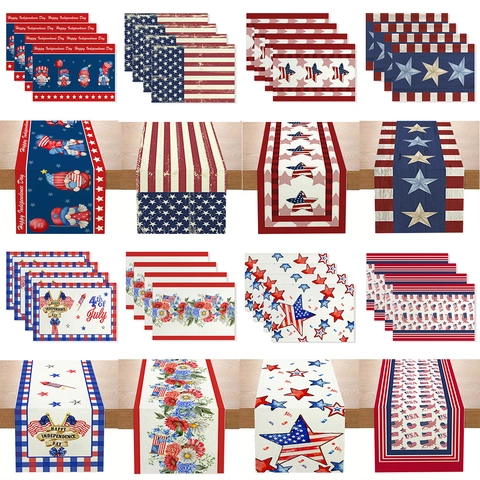 Independence Day Table Runner Linen Printed American Flag Gnome Stars Stripes Placemat Heat Insulated Tablecloth Decoration