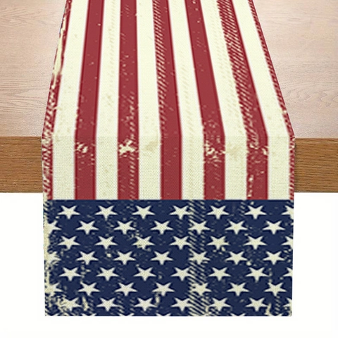 Independence Day Table Runner Linen Printed American Flag Gnome Stars Stripes Placemat Heat Insulated Tablecloth Decoration