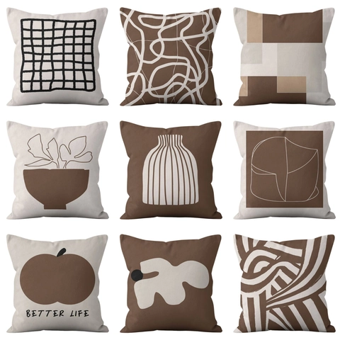 Fodera per Cuscino in Peluche Corto Astratto Geometrico Minimalista Moderno Nordic Caffè Marrone Federa Decorativa per Divano Soggiorno