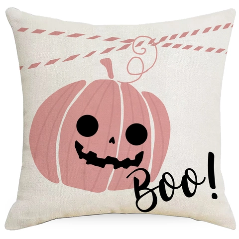 Halloween Decorative Cushion Cover Linen Pink Ghost Pumpkin Pattern Square Sofa Pillow Case For Home Living Room Decor