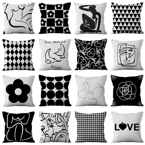 Nordischer Minimalistischer Schwarz-Weißer Geometrischer Kopfkissenbezug Moderner Abstrakter Linienkunst Kurzplüsch Kissenbezug Für Sofa Wohnzimmer Deko