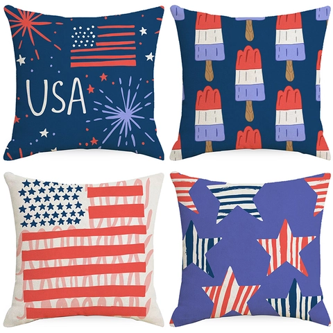 Amerikanischer Patriotischer Leinen Kissenbezug USA Flagge Sterne Streifen Feuerwerk Eis Am Stiel Dekorativer Quadratischer Kissenbezug