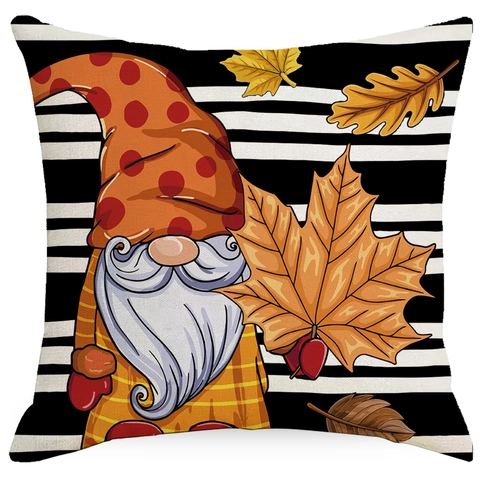 Funda de Almohada de Lino de Gnomo de Otoño de Acción de Gracias Hoja de Arce Calabaza Funda de Cojín Decorativa Sofá