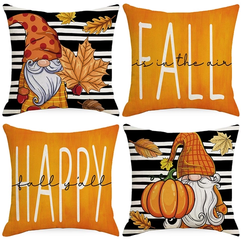 Funda de Almohada de Lino de Gnomo de Otoño de Acción de Gracias Hoja de Arce Calabaza Funda de Cojín Decorativa Sofá