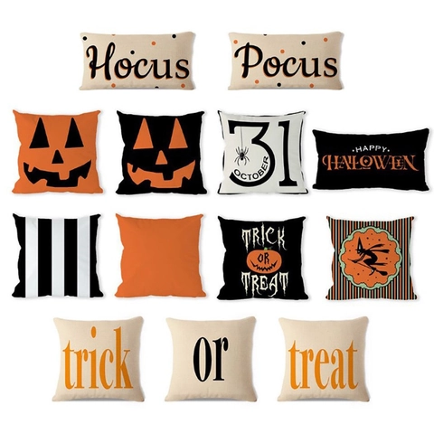 Funda de Almohada de Halloween de Lino Funda de Cojín Decorativa Estampada de Calabaza Bruja Para Sofá Cama Sala de Estar Casa