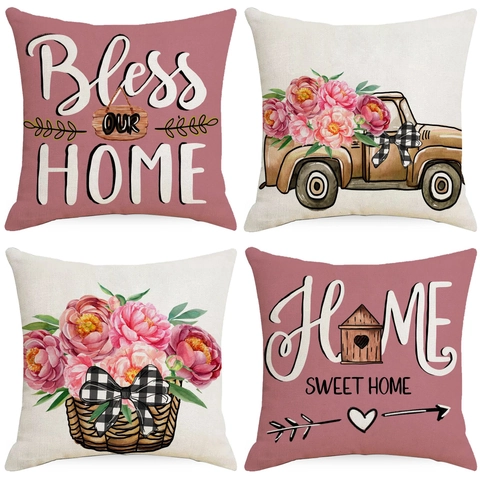 Linen Decorative Pillow Case 45x45cm Farmhouse Cushion Cover Flower Truck Printed Home Decor For Sofa Thanksgiving Gift