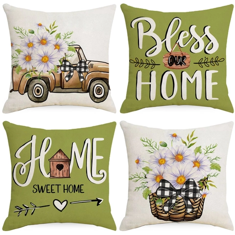 Linen Decorative Pillow Case 45x45cm Farmhouse Cushion Cover Flower Truck Printed Home Decor For Sofa Thanksgiving Gift