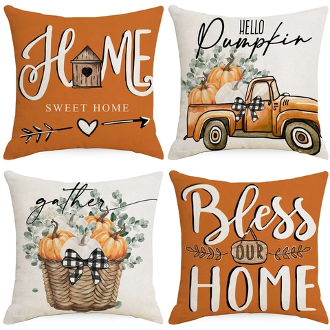 Funda de Almohada de Lino de Otoño Acción de Gracias Calabaza Cosecha Home Sweet Home Funda de Cojín Decorativa