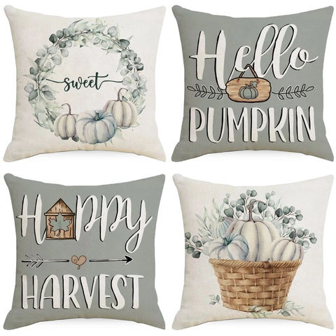 Funda de Almohada de Lino de Otoño Acción de Gracias Calabaza Cosecha Home Sweet Home Funda de Cojín Decorativa
