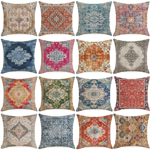 Funda de Almohada de Lino Estilo Bohemio Retro Funda de Cojín Cuadrada con Patrón Geométrico de Mandala Étnico para Sofá
