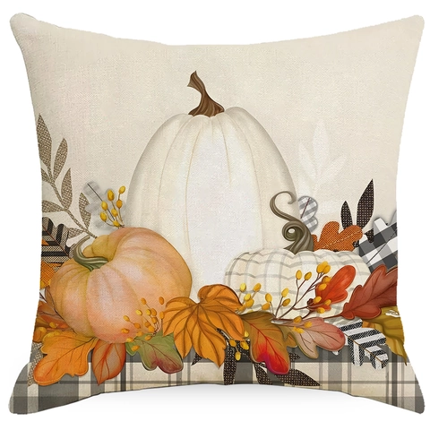 Autumn Thanksgiving Throw Pillow Cover Linen Pumpkin Maple Leaf Plaid Cushion Cover For Sofa Home Decor Happy Harvest
