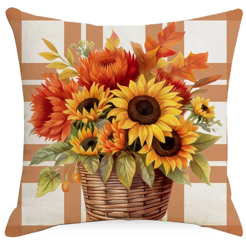 Erntedankfest Herbst Leinen Kissenbezug Kürbis Sonnenblume Vintage LKW Dekorativ Quadratisch Kissenhülle Für Zuhause Sofa