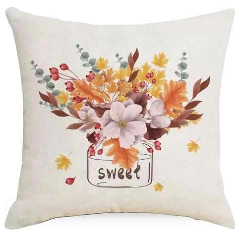 Juego de Fundas de Almohada Decorativas de Lino para Acción de Gracias de Otoño Calabaza Hoja de Membrillo Cojín para Sofá Hogar
