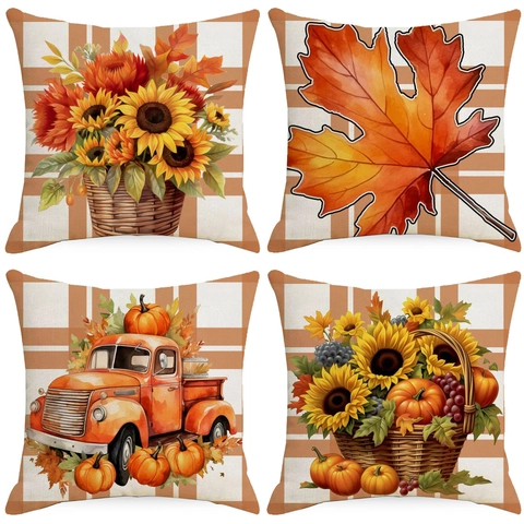 Erntedankfest Herbst Leinen Kissenbezug Kürbis Sonnenblume Vintage LKW Dekorativ Quadratisch Kissenhülle Für Zuhause Sofa
