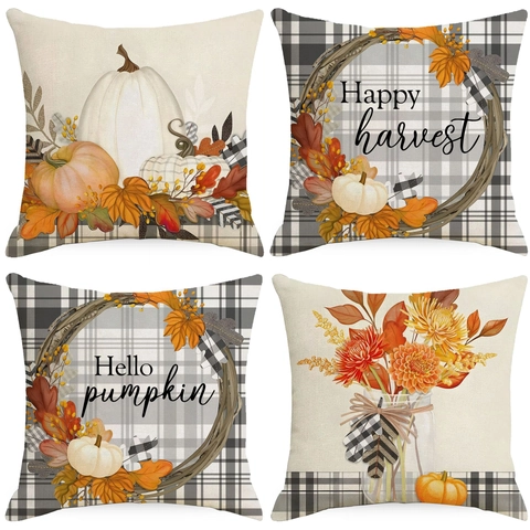 Autumn Thanksgiving Throw Pillow Cover Linen Pumpkin Maple Leaf Plaid Cushion Cover For Sofa Home Decor Happy Harvest