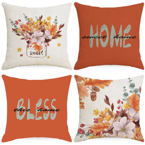 Juego de Fundas de Almohada Decorativas de Lino para Acción de Gracias de Otoño Calabaza Hoja de Membrillo Cojín para Sofá Hogar