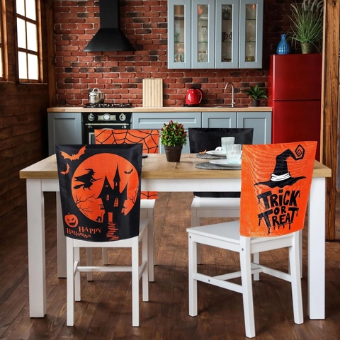 Halloween Linen Dining Chair Covers Witch Pumpkin Spider Web Patterns Washable Non-Slip Kitchen Party Decoration Chair Case