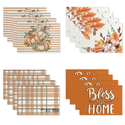 Autumn Thanksgiving Pumpkin Floral Placemats Cotton Linen Heat Resistant Non-Slip Dining Table Mats Vintage Truck Decor