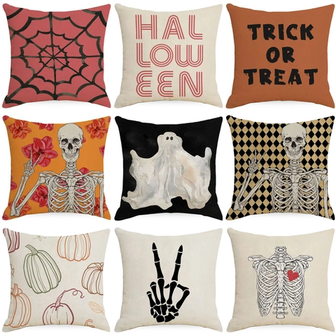 Halloween Linnen Kussensloop Vierkant Spinnenweb Geest Schedel Pompoen Print Decoratieve Sofa Kussenhoes