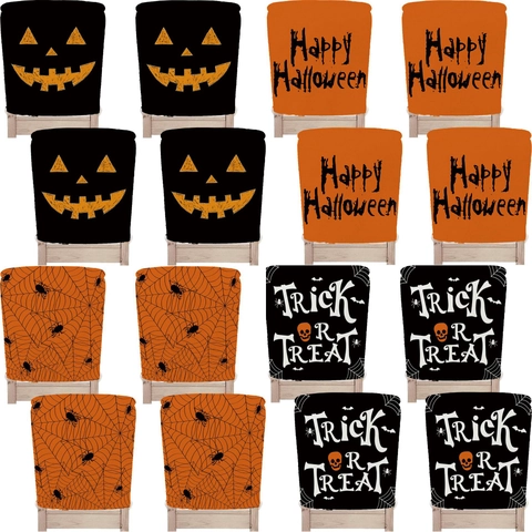 Halloween Chair Cover Cotton Linen Pumpkin Witch Ghost Print Washable Removable Seat Cover For Dining Room Home Decoration