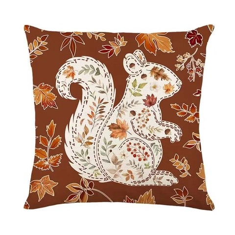 Autumn Maple Leaf Linen Pillowcase Thanksgiving Pumpkin Squirrel Pattern Decorative Throw Pillow Cover For Sofa Home Decor