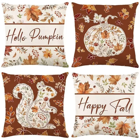Autumn Maple Leaf Linen Pillowcase Thanksgiving Pumpkin Squirrel Pattern Decorative Throw Pillow Cover For Sofa Home Decor