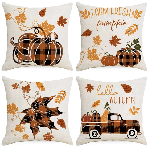 Herbsternte Kürbis Ahornblatt Leinen Kissenbezug Buffalo Karo Truck Dekorativer Kissenhülle Für Sofa Home Decor Erntedankfest