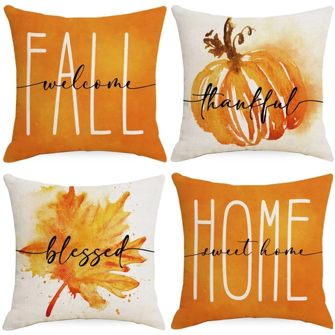 Autumn Harvest Pumpkin Maple Leaf Linen Throw Pillow Case For Sofa Living Room Thanksgiving Home Decorative Cushion Cover