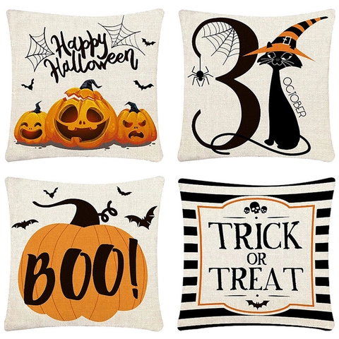 Halloween Linen Throw Pillow Case Pumpkin Black Cat Trick Or Treat Printed Cushion Cover For Living Room Sofa Home Decor