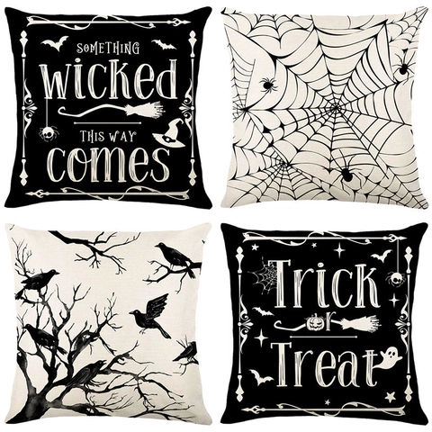 Halloween Linnen Kussensloop Zwart Wit Spinnenweb Kraai Trick or Treat Decoratieve Kussenhoes Voor Sofa Woonkamer Decoratie