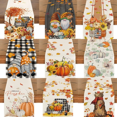 Thanksgiving Herfst Tafelloper Polyester Pompoen Esdoornblad Kabouter Bedrukt Tafelkleed Voor Eetkamer Feest Holiday Decoratie