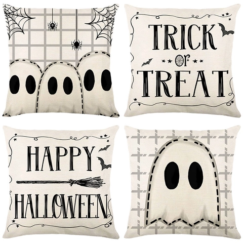 Halloween Leinen Kissenbezug Geist Spinnennetz Trick Or Treat Muster Quadratischer Kissenbezug Heimsofa Dekor