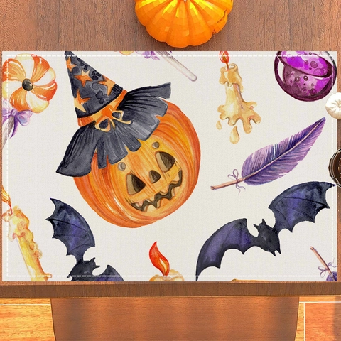 Halloween Polyester Placemat Heat Resistant Non Slip Table Mat Pumpkin Witch Hat Bat Printed Table Decor For Dining Room