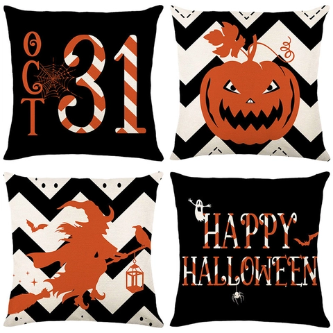 Halloween Linen Pillow Case Pumpkin Witch Ghost Pattern Square Festive Cushion Cover Decorative Throw Pillowcase For Sofa