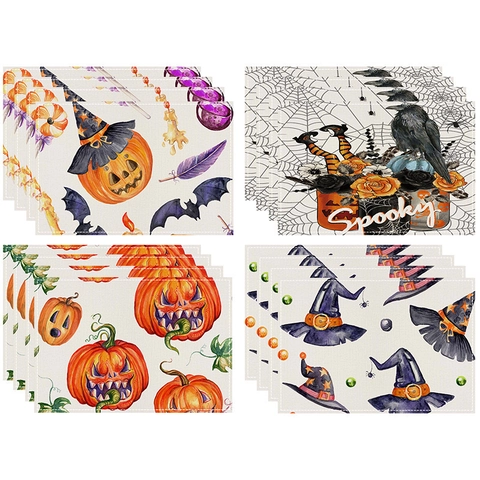 Halloween Polyester Placemat Heat Resistant Non Slip Table Mat Pumpkin Witch Hat Bat Printed Table Decor For Dining Room
