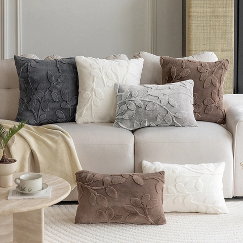 Modern Minimalist Plush Jacquard Cushion Cover With 3D Leaf Pattern Solid Color Decorative Pillowcase For Sofa Living Room