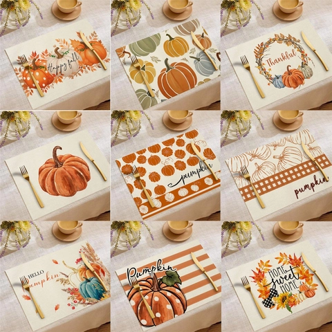 Thanksgiving Autumn Pumpkin Maple Leaf Print Placemat Polyester Linen Texture Table Mat For Home Kitchen Decoration