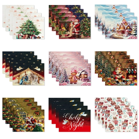 Christmas Placemat Waterproof Heat Resistant Linen Polyester Table Mat Santa Reindeer Patterns For Holiday Dining Table Decoration