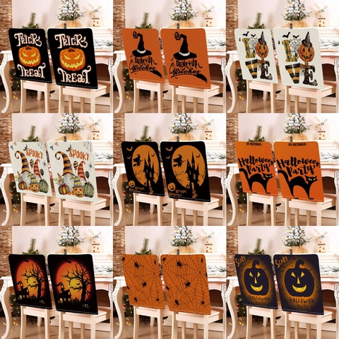 Fundas de Silla de Halloween de Algodón y Lino Estampado de Calabaza Murciélago Castillo Protectores de Respaldo para Decoración de Fiesta