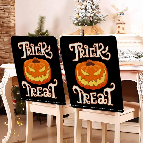 Fundas de Silla de Halloween de Algodón y Lino Estampado de Calabaza Murciélago Castillo Protectores de Respaldo para Decoración de Fiesta