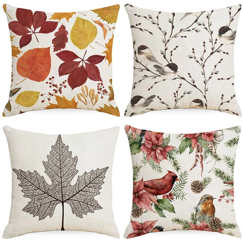 Noorse Herfstbladeren Vogels Patroon Linnen Kussenhoezen Decoratieve Vierkante Kussensloop Voor Sofa Woonkamer Thuis Decoratie