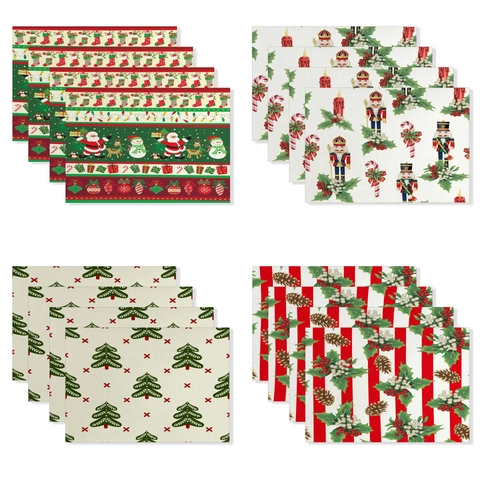 Christmas Placemat Cotton Linen Heat Insulated Washable Table Mat For Holiday Dining Kitchen Party Decoration Rectangular