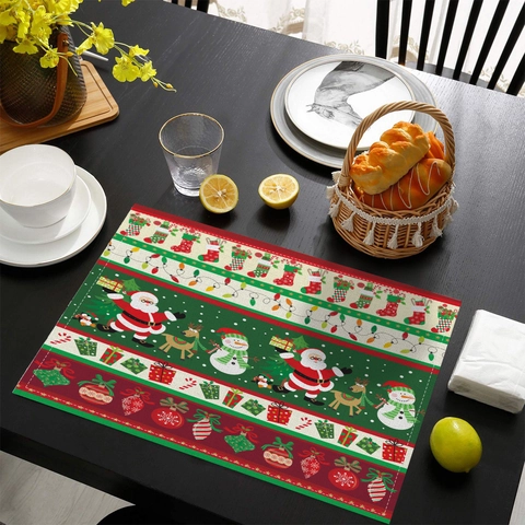 Christmas Placemat Cotton Linen Heat Insulated Washable Table Mat For Holiday Dining Kitchen Party Decoration Rectangular