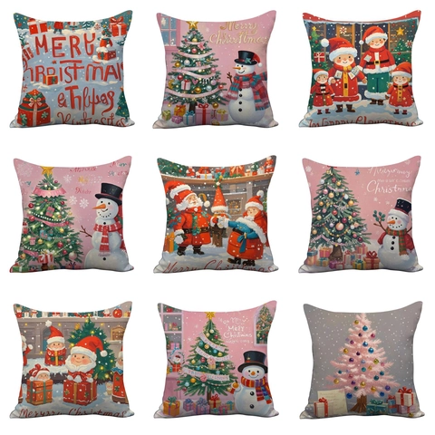 Navidad Rosa Árbol de Navidad Muñeco de Nieve Papá Noel Funda de Almohada de Felpa Corta Suave Decorativa Funda de Cojín Hogar Sofá Decoración