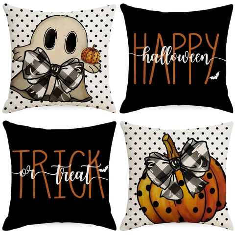 Halloween Decorative Linen Pillowcase Ghost Pumpkin Bat Pattern Cushion Cover For Sofa Living Room Holiday Home Decor