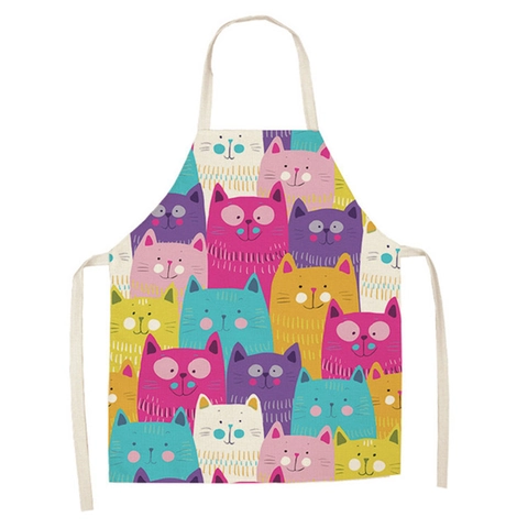 Cartoon Print Linen Apron Halter Neck Sleeveless Parent-Child Kitchen Apron For Cooking Painting Gardening Women Kids