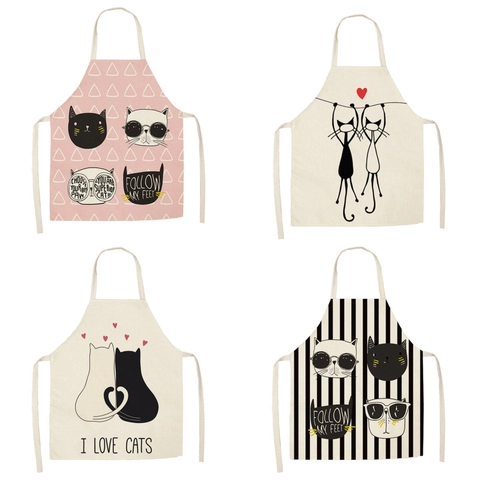 Cartoon Cat Pattern Linen Sleeveless Apron For Kitchen Cleaning Home Cooking Women Men Kids Cute Cat Print Bib