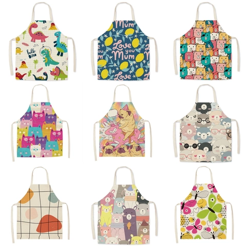 Cartoon Print Linnen Schort Halternek Mouloos Ouder-Kind Keukenschort Voor Koken Schilderen Tuinieren Vrouwen Kinderen