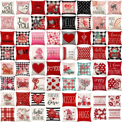 Valentine's Day Linen Throw Pillow Case Heart Gnome Print Decorative Cushion Cover For Living Room Sofa Home Decoration
